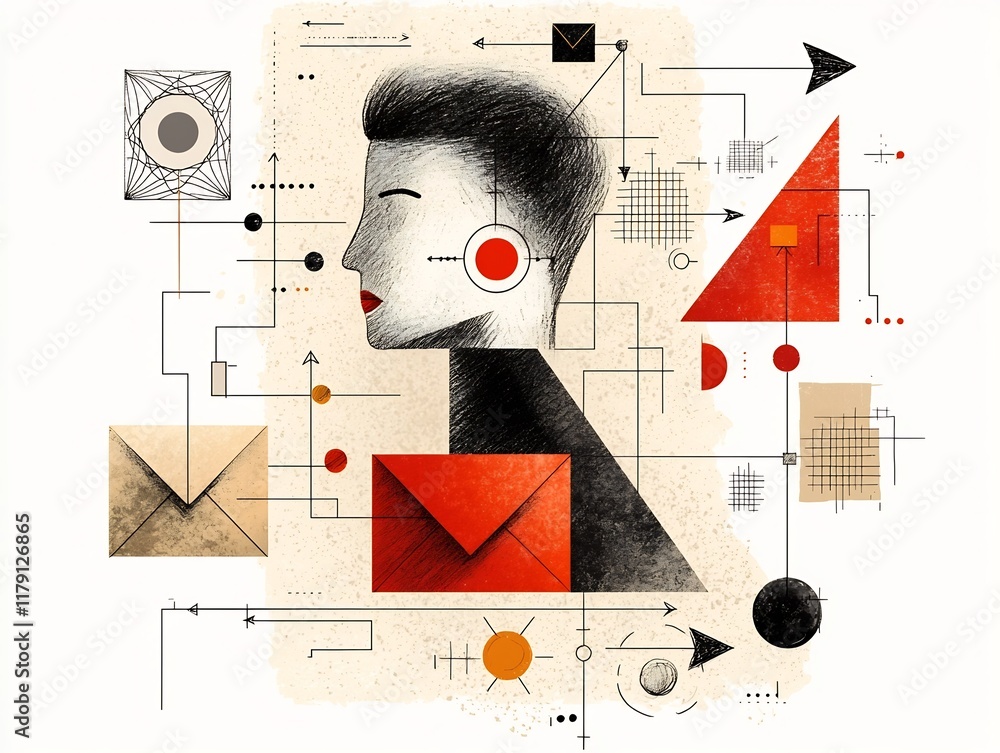 Poster sketch like freehand of global digital correspondence with anonymous user avatar envelope icon