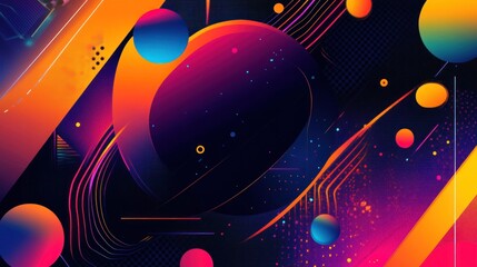 Obraz premium Abstract vibrant neon shapes, lines, and particles on dark background.