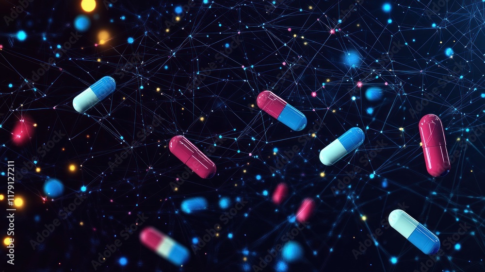 Poster abstract digital illustration of floating capsules in a network.