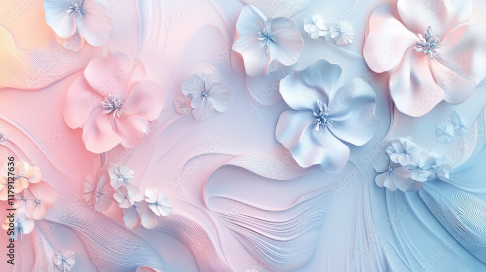 Poster a calming vertical 3d design featuring soft pastel gradients and abstract floral patterns, creating 