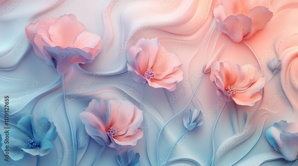 Poster a calming vertical 3d design featuring soft pastel gradients and abstract floral patterns, creating 