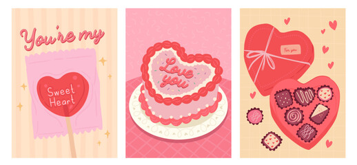 Collection of Love Season Valentines poster portrait of heart cake, chocolate and candy lollipop vector illustration