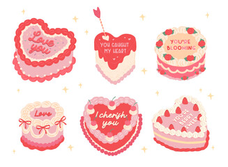 Collection of Cute Love Season Valentines sweet dedication heart cake greeting for stickers or cards vector illustration