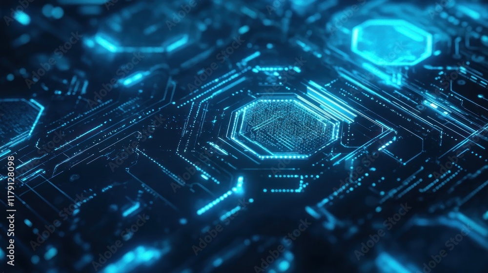 Poster abstract glowing blue circuit board with hexagonal central processor.