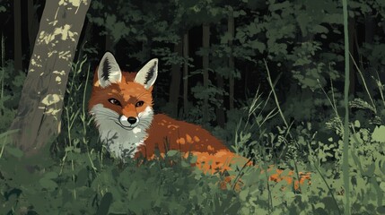 Naklejka premium Red fox resting in lush green forest undergrowth at dusk.