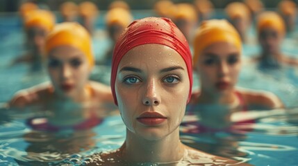 Female swimmer in a red cap stands out during a synchronized swimming routine with teammates in yellow caps standing behind