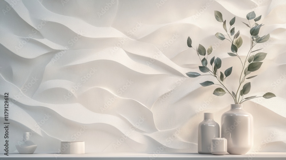 Poster a calming vertical 3d wallpaper with layered leaves and soft textures, creating a serene and elegant