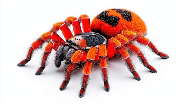 A photostock of hairy tarantulas with intricate details of their legs and body, isolated on a pure white background. High Quality