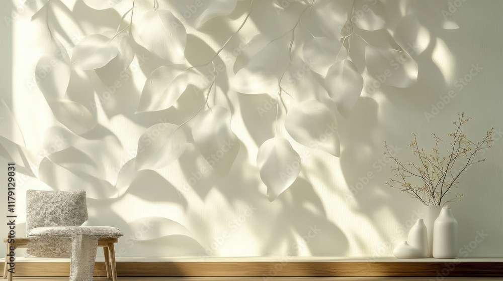 Poster a calming vertical 3d wallpaper with layered leaves and soft textures, creating a serene and elegant