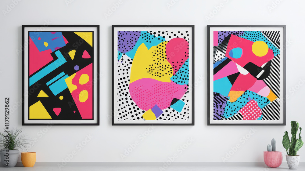 Poster abstract geometric modern memphis banners. dynamic and visually striking design capture vibes of 80s
