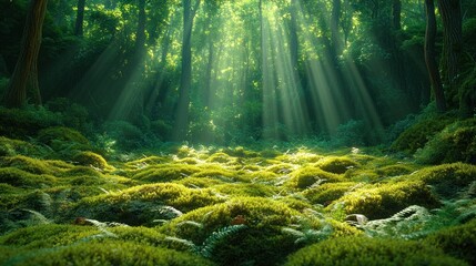 Obraz premium A serene forest scene with sunlight filtering through trees onto a mossy ground.