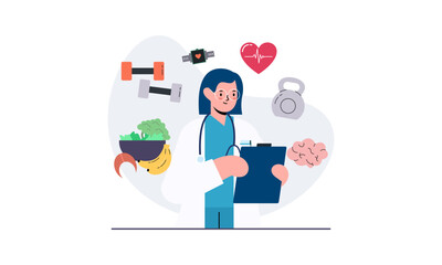 Nutritionist woman with weight loss program and diet plan. Healthy food, vitamins, sport icons