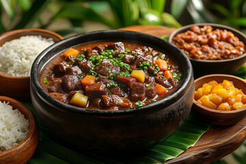 Dinuguan with side dishes in a black bowl on a banana leaf