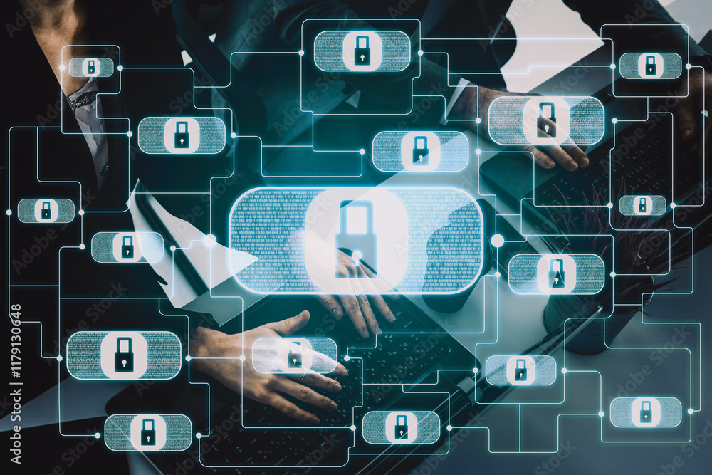 Poster cyber security and digital data protection concept. icon interface showing secure firewall technolog