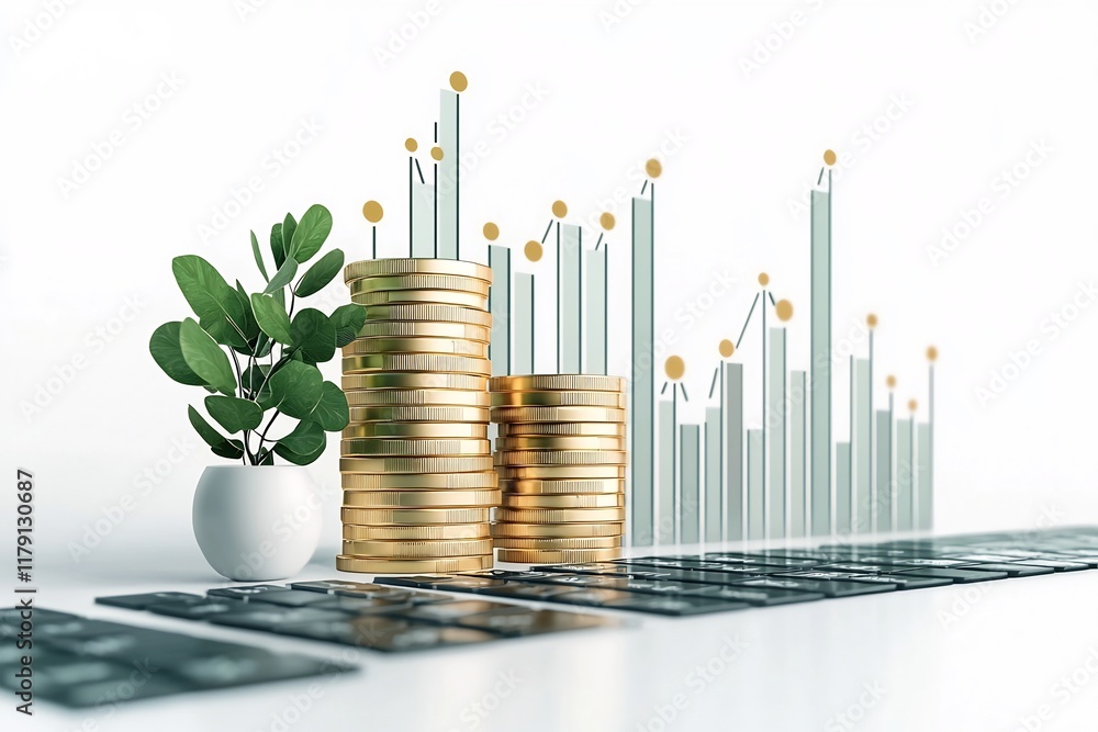 Poster ascending financial graph with comprehensive data points on a stark white surface representing a thr