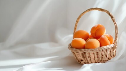 Basket with six oranges on white fabric background