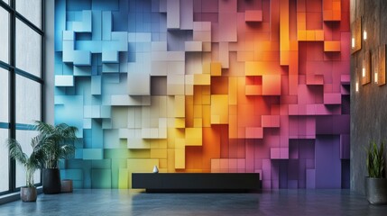 Fototapeta premium A dynamic vertical 3D mural with abstract blocks and gradient colors, creating depth and visual interest