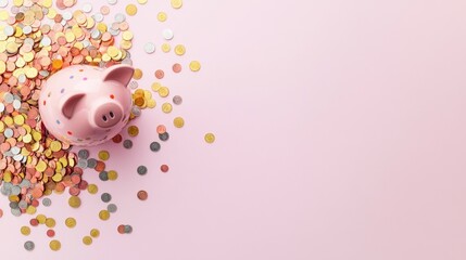A piggy bank with rainbow coins spilling out on a light pink background