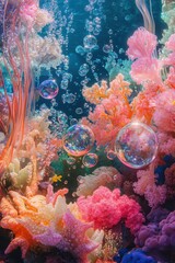 Obraz premium Exploring the vibrant underwater world filled with iridescent bubbles and colorful coral reefs in a hyper-realistic fantasy setting