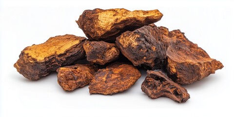Dried chaga mushrooms isolated on white background.