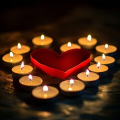 Red heart surrounded by glowing tealight candles in darkness.