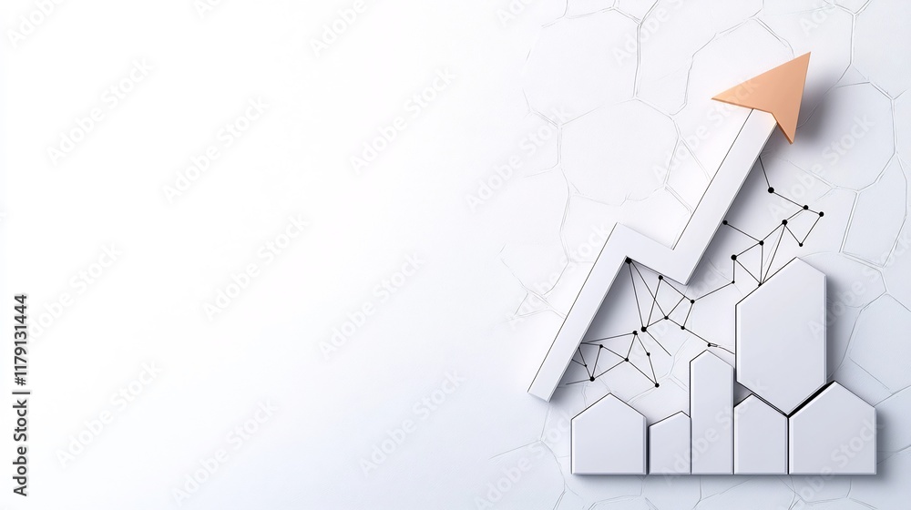 Poster detailed data driven financial diagram with a rising arrow against a plain white canvas signifying m