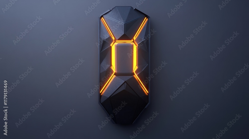 Poster a futuristic vertical 3d art piece with layered polygons and glowing accents, creating a tech-inspir