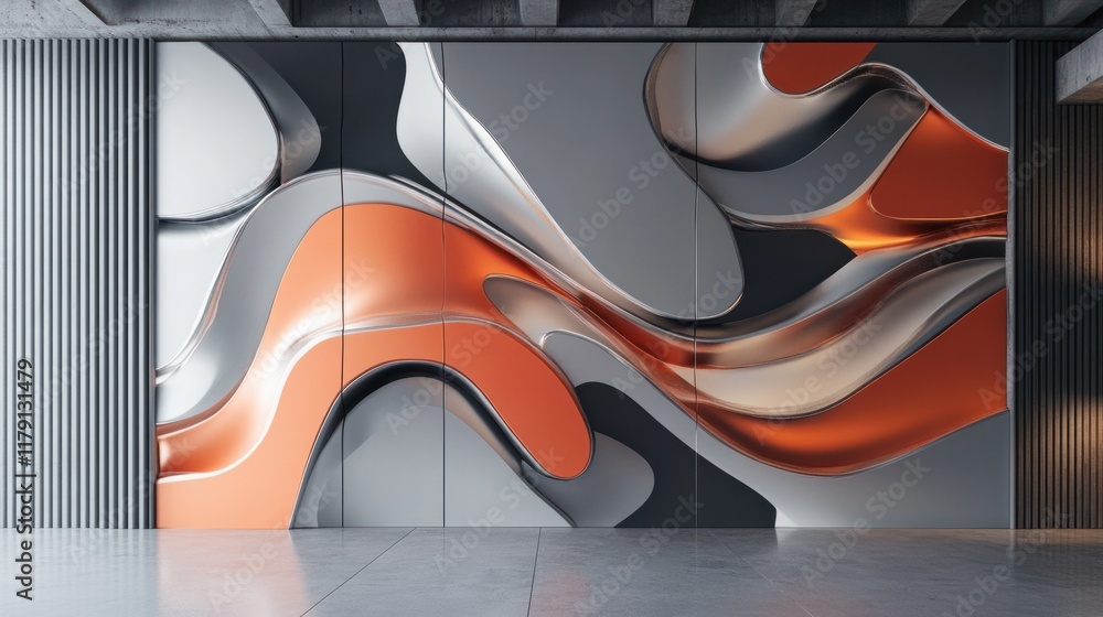 Poster a futuristic vertical 3d mural with abstract tech elements and metallic finishes, creating a sleek a