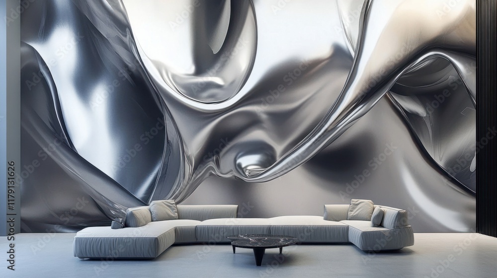 Poster a futuristic vertical 3d mural with abstract tech elements and metallic finishes, creating a sleek a