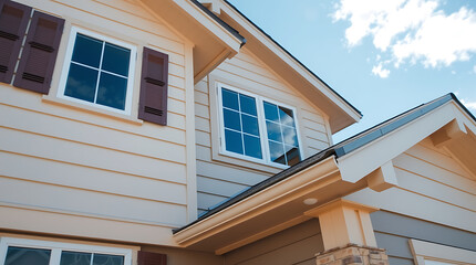 Close-up view of a light beige house exterior, featuring multiple windows with dark brown shutters, and a section of gray siding.  The roofline is visible, showcasing its design and materials.