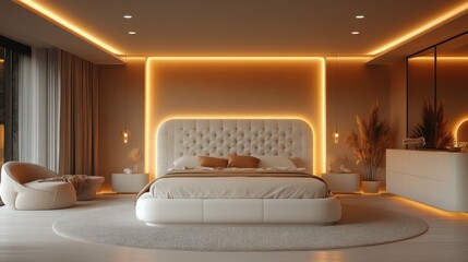 Modern bedroom with ambient lighting, plush furnishings, and a cozy atmosphere.