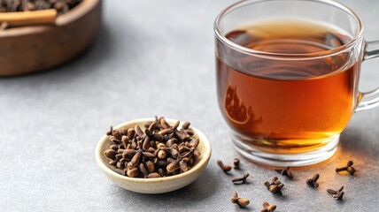 Fototapeta premium Clear cup of herbal tea with cloves in small dish on gray surface