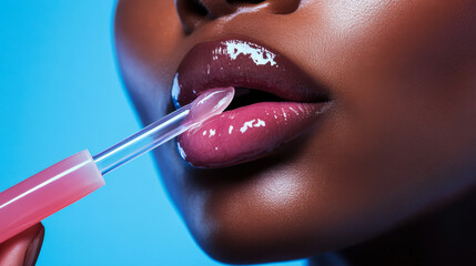 Applying glossy lip color while showcasing vibrant makeup style in professional setting for beauty enthusiasts