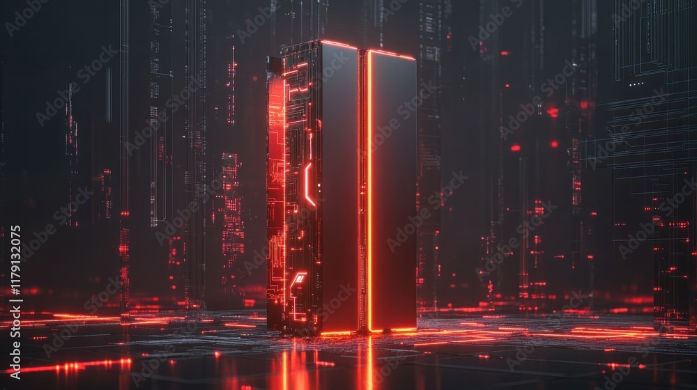 Aufkleber a futuristic vertical 3d wallpaper with glowing circuits and abstract tech elements, rising vertical