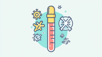 Allergy and cold fever symptom color line icon. Influenza or flu virus infection, disease or health problem outline vector pictogram. Allergic reaction symptom symbol or sign with medical thermometer