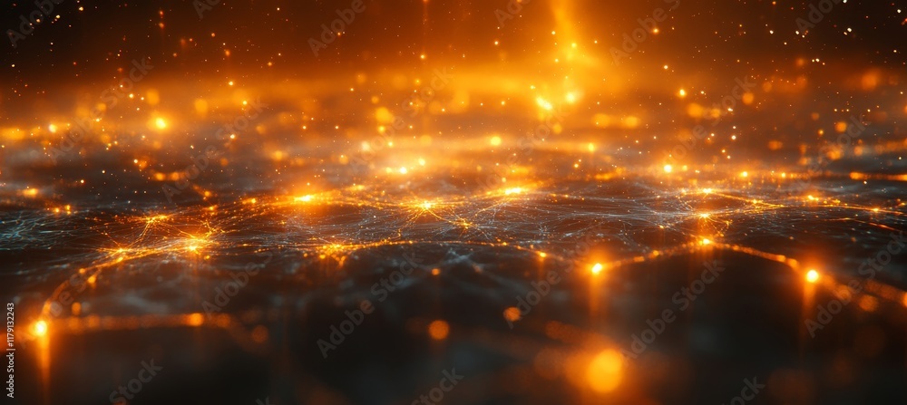 Poster abstract digital universe network with glowing fractals and orange particles, dynamic cosmic energy