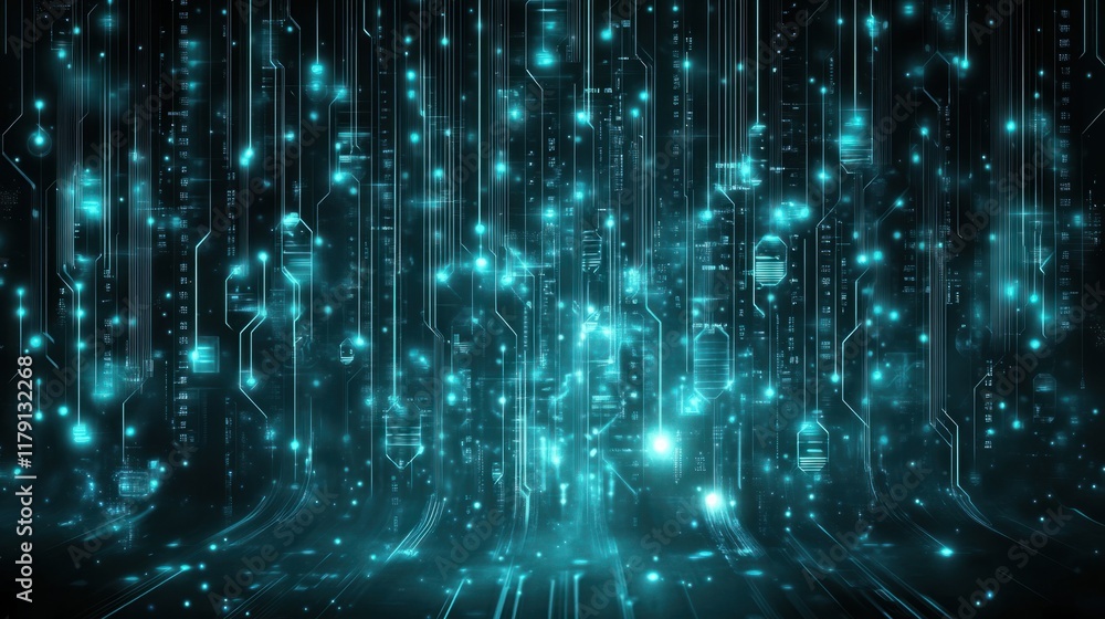 Poster a futuristic vertical 3d wallpaper with glowing circuits and abstract tech elements, rising vertical