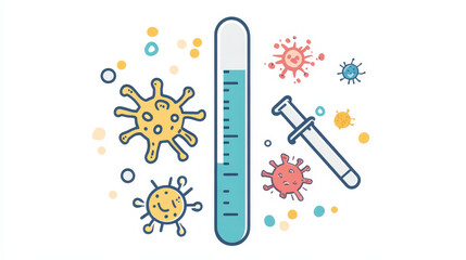 Allergy and cold fever symptom color line icon. Influenza or flu virus infection, disease or health problem outline vector pictogram. Allergic reaction symptom symbol or sign with medical thermometer