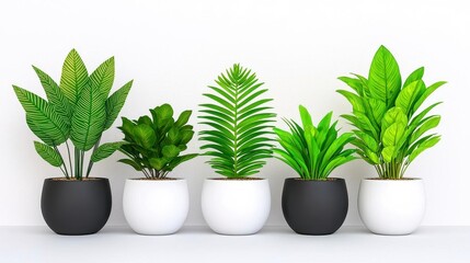 A photostock of potted green plants arranged in a row on a white surface, showcasing minimalist and eco-friendly interior decor. High Quality