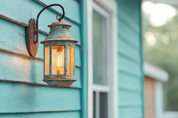A charming rustic lamp hanging on the wall, perfect for adding character to any space.
