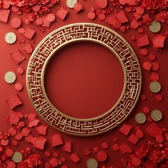 Traditional Chinese Knot Pattern Golden Frame Surrounded by Red Floral Elements and Coins for Decorative Celebrations