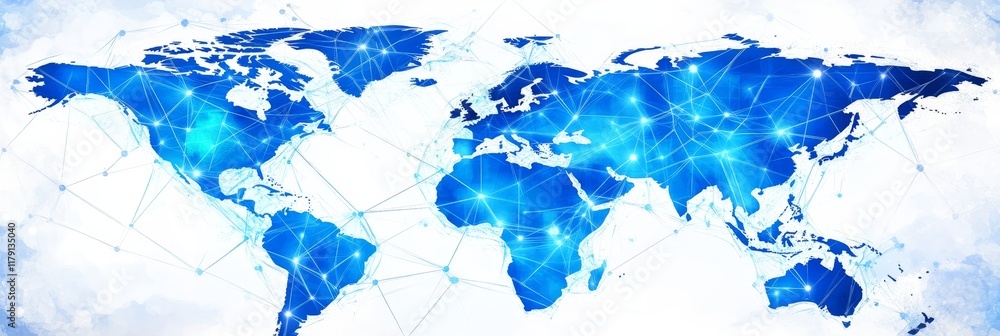 Poster global network map, interconnected nodes representing international communication and data flow