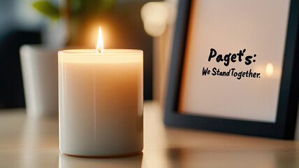 Lit candle on table next to framed supportive message Soft light