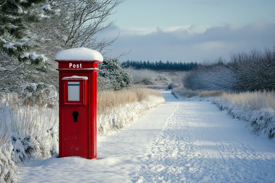 A traditional red postbox in the middle of a snowy countryside scene.
