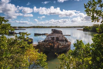 Rusty shipwreck surrounded by lush greenery in a tranquil bay under a partly cloudy sky.