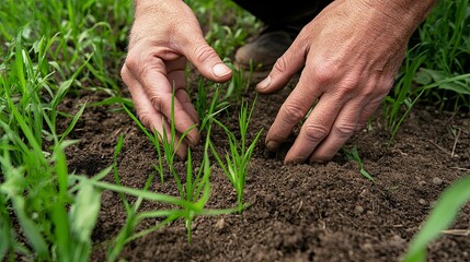 Hands Gently Nurturing Young Wheat Sprouts in Rich Earth: A Rustic, Pastoral Scene