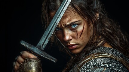 Fierce female Viking warrior with blue eyes and scarred face, holding a sword while wearing chainmail and bronze scale armor, standing against a dark background
