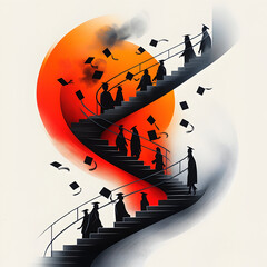 Vibrant Mortar Board Hats Cascading Down Modern Staircase in Dynamic Neon Pop Art Display