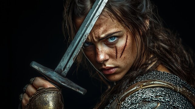 Fierce female Viking warrior with blue eyes and scarred face, holding a sword while wearing chainmail and bronze scale armor, standing against a dark background