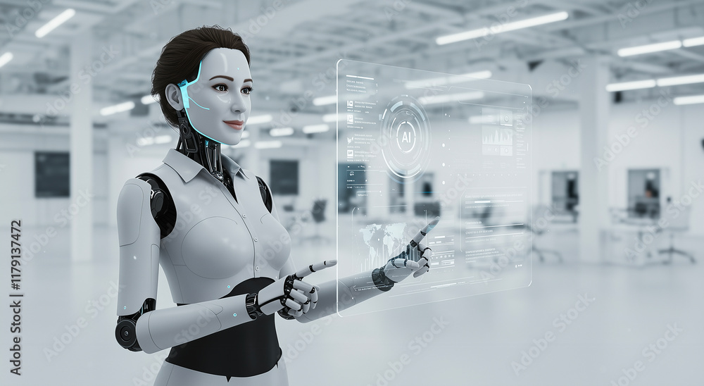 Poster robot, woman and interface for technology, ai and digital with automation. artificial intelligence, 